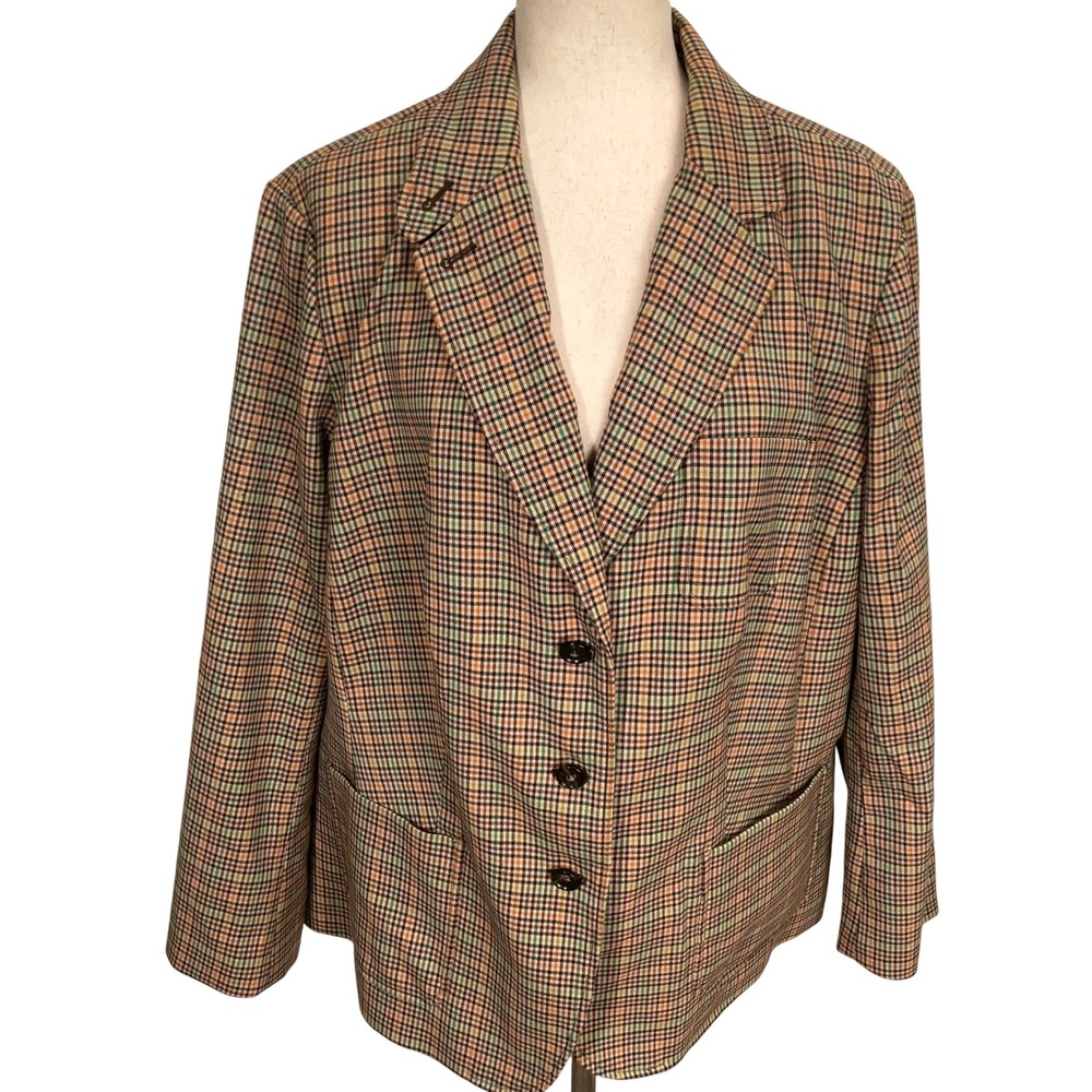 Talbots Blazer Women 18W Multi-Color Plaid Check Elbow Patches Collar Tab Wool